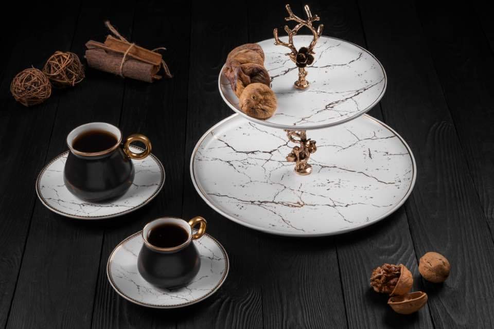 Black on White Marble Bone China Coffee & Tea Sets with 2-tier Marble-Pattern Tray for Warm Hospitality